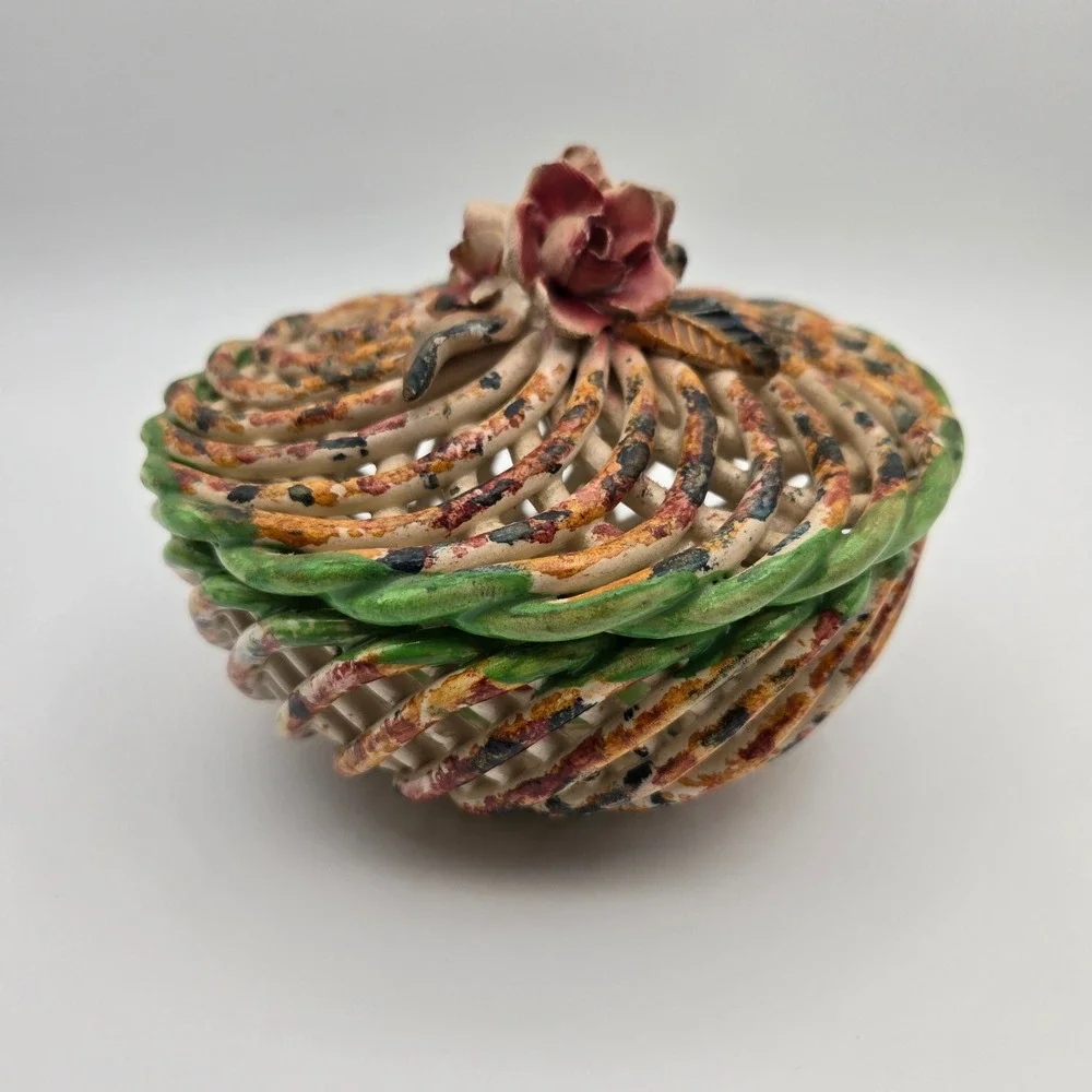 Vintage Lidded Spanish Porcelain Woven Trinket Box Lattice Potpourri Bowl Spain